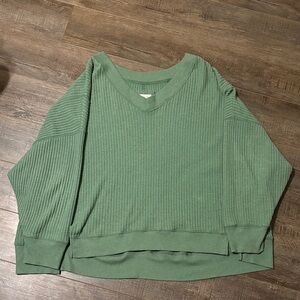 Green V-Neck Waffle Knit Sweater
